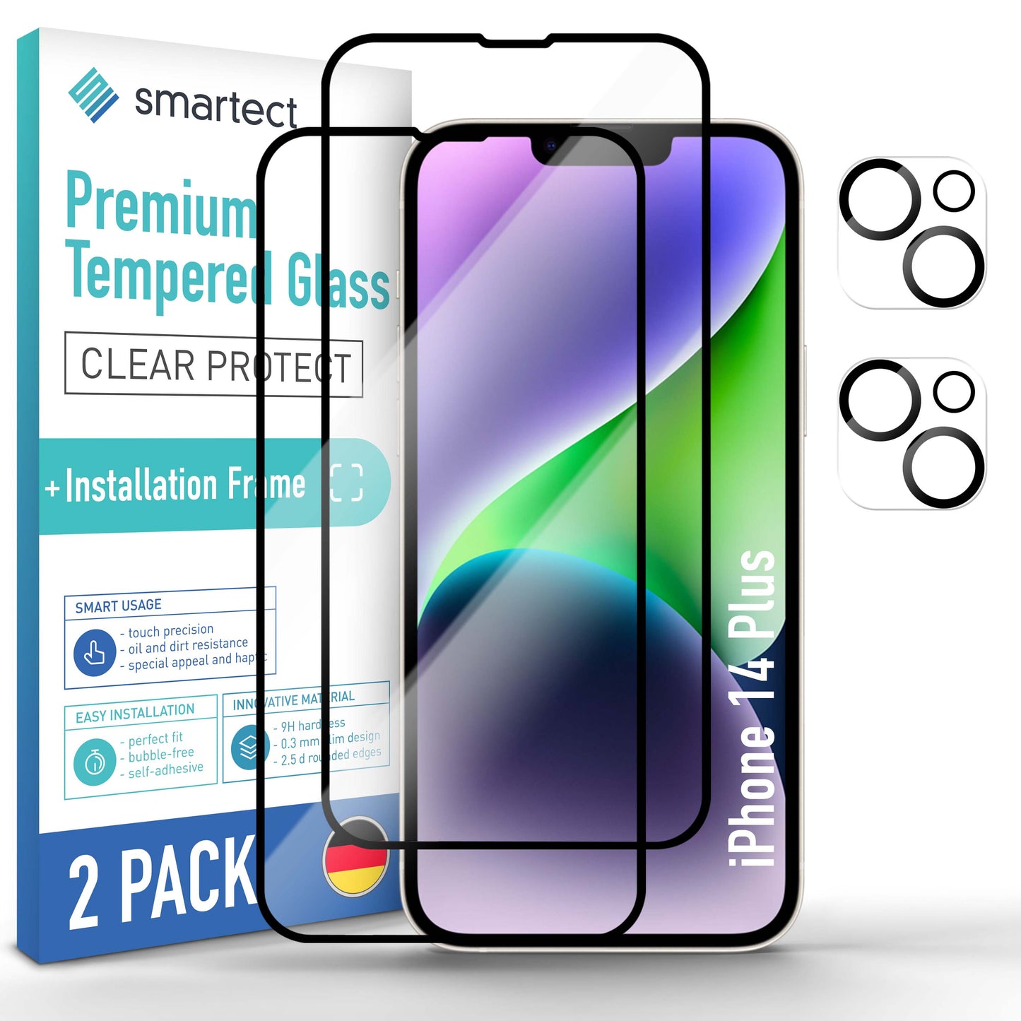 smartect protective glass full screen for iPhone 14 Plus, 2 x front + 2 x cam + positioning aid