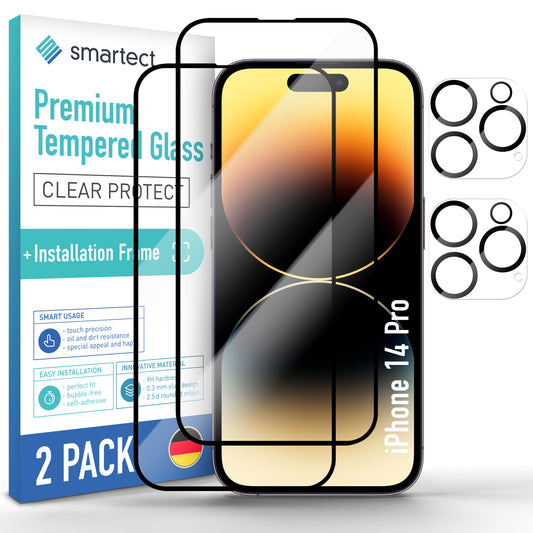 smartect Schutzglas Full Screen für iPhone 14 Pro, 2 x Front + 2 x Cam + Positionierhilfe