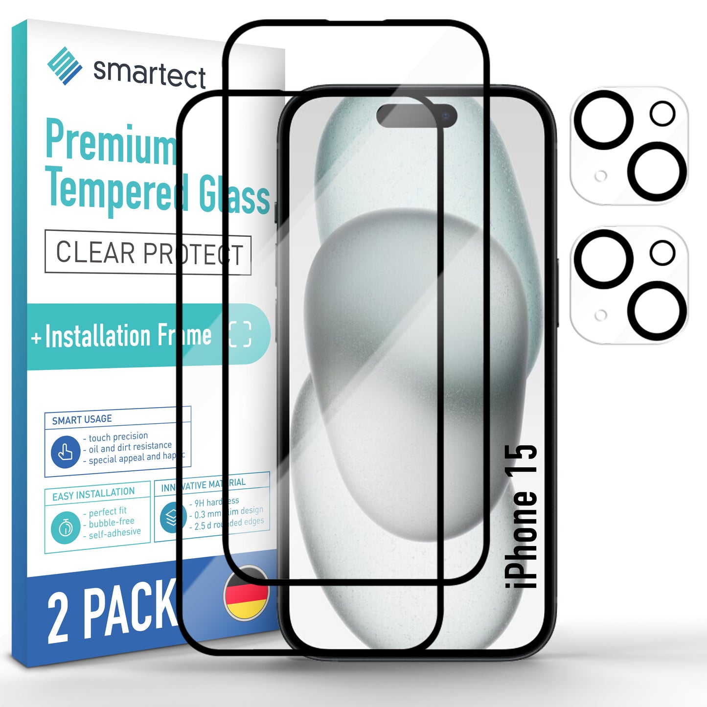 smartect Schutzglas Full Screen für iPhone 15, 2 x Front + 2 x Cam + Positionierhilfe