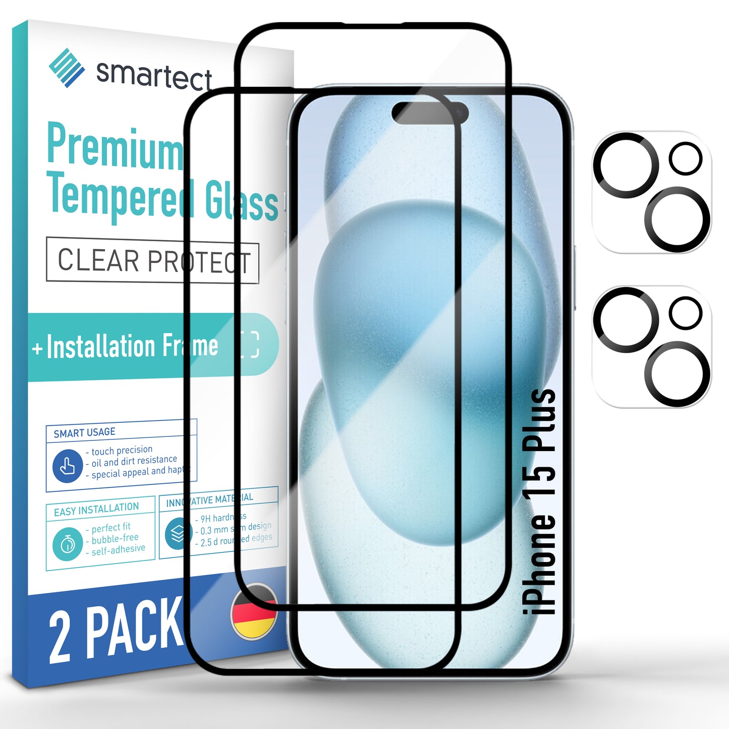 smartect Schutzglas Full Screen für iPhone 15 Plus, 2 x Front + 2 x Cam + Positionierhilfe