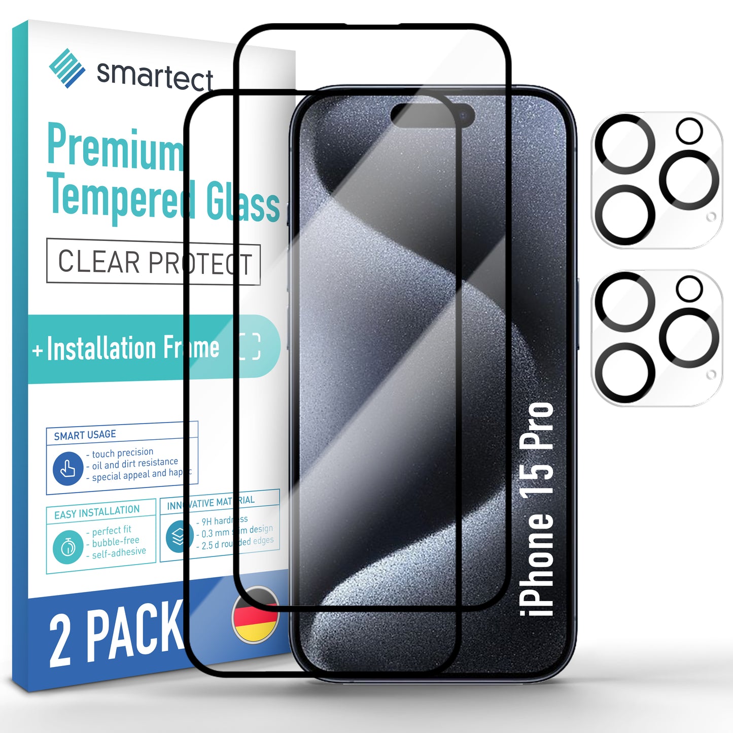 smartect Schutzglas Full Screen für iPhone 15 Pro, 2 x Front + 2 x Cam + Positionierhilfe