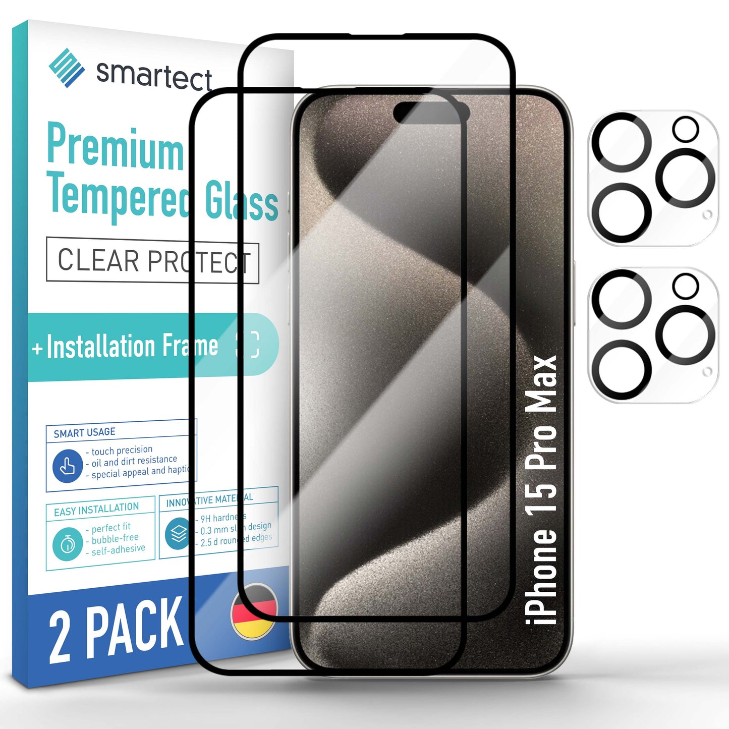 smartect Schutzglas Full Screen für iPhone 15 Pro Max, 2 x Front + 2 x Cam + Positionierhilfe