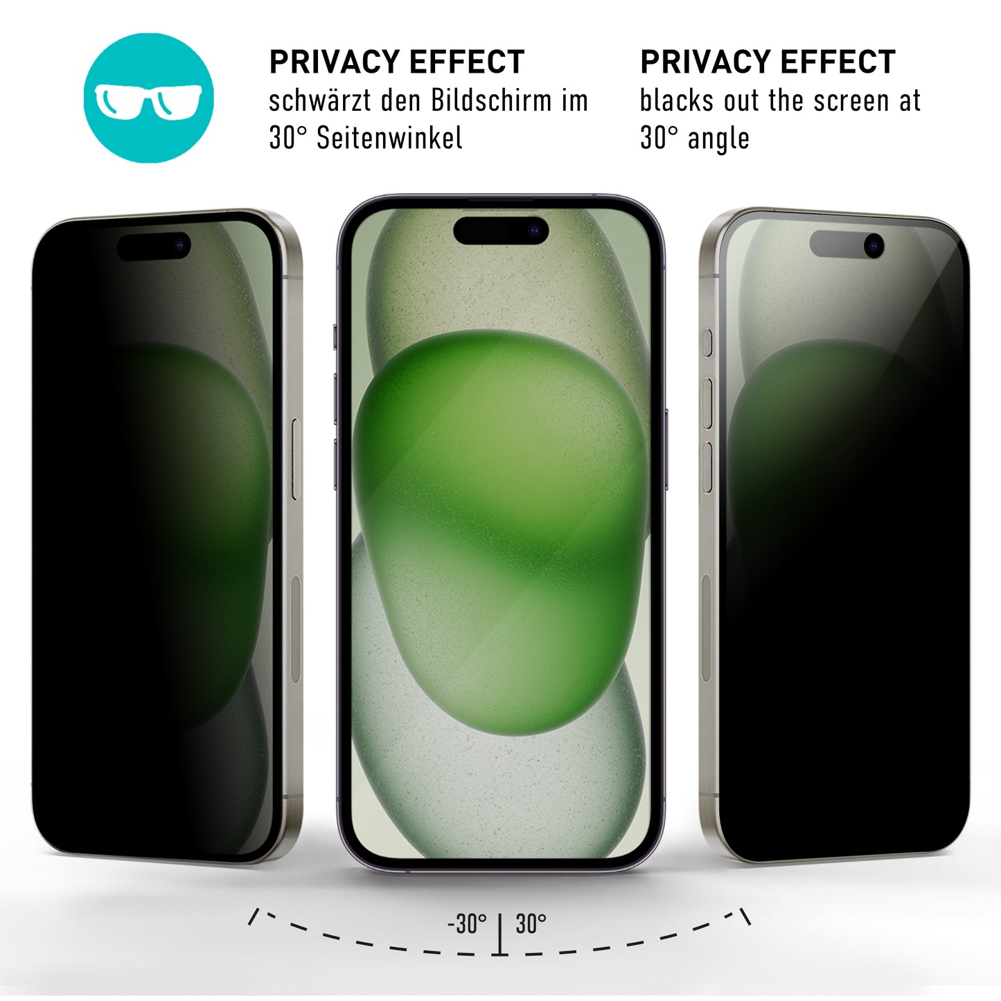 smartect protective glass Full Screen Privacy for iPhone 15 Plus, 2 x Front + 2 x Cam + positioning aid