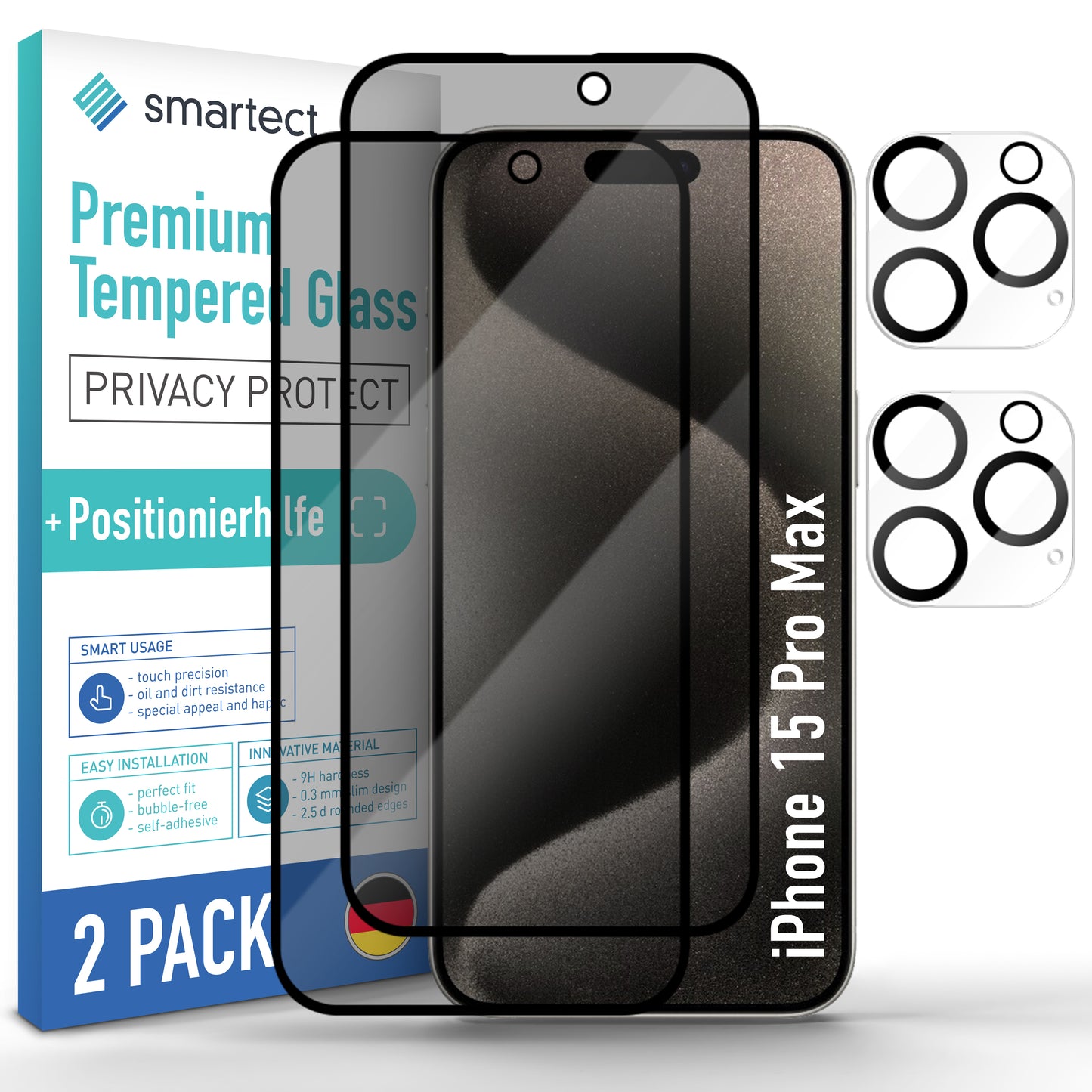 smartect protective glass Full Screen Privacy for iPhone 15 Pro Max, 2 x Front + 2 x Cam + positioning aid