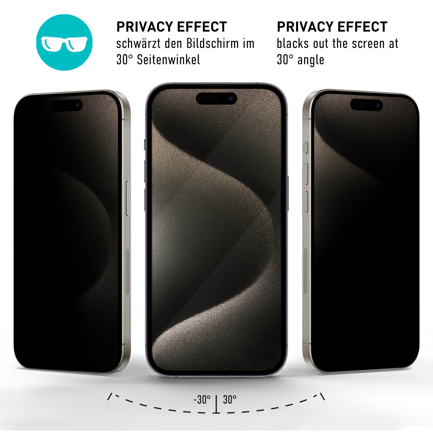 smartect protective glass Full Screen Privacy for iPhone 15 Pro Max, 2 x Front + 2 x Cam + positioning aid