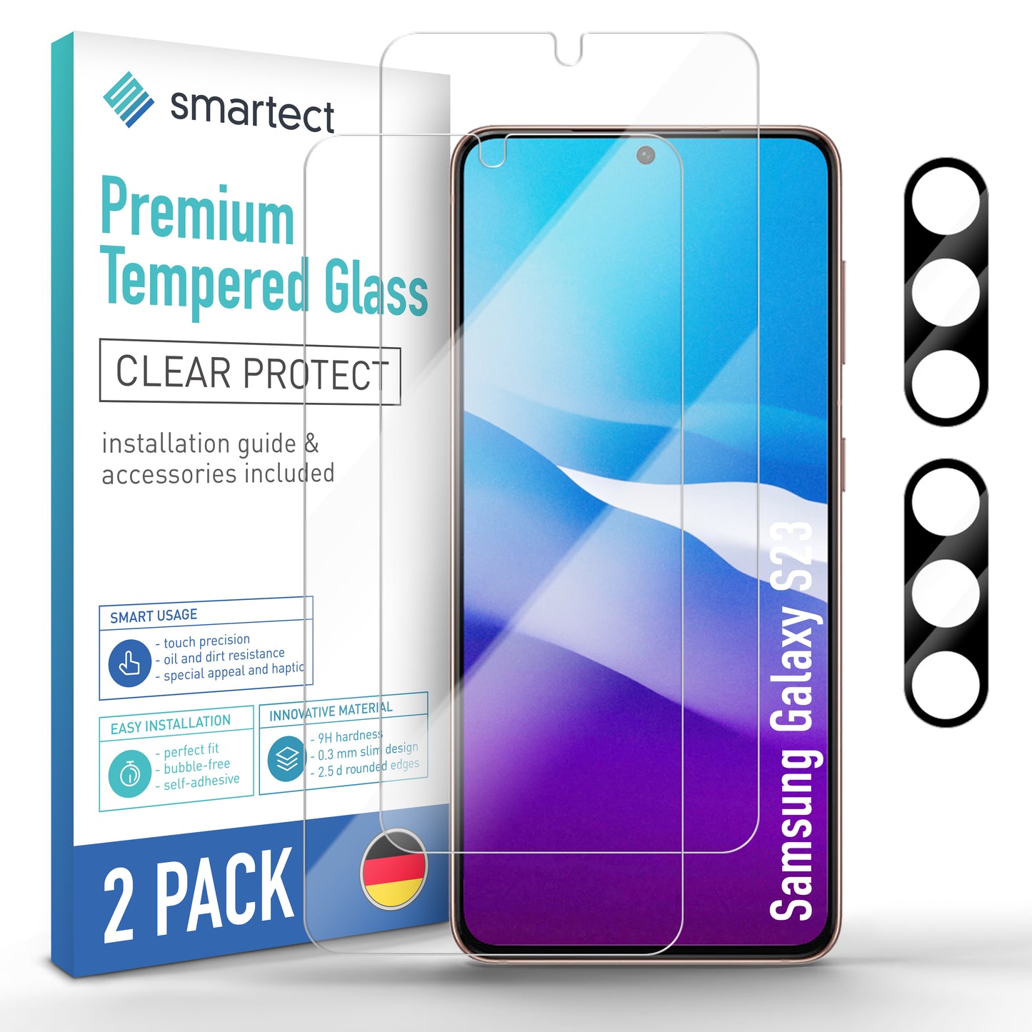 smartect Schutzglas Klar für Samsung Galaxy S23, 2 x Front + 2 x Cam