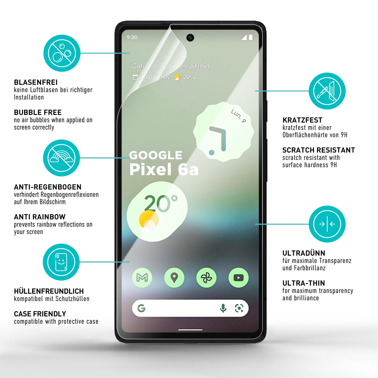 smartect TPU Screen Protector Clear for Google Pixel 6a, 2 x Front + 2 x Cam