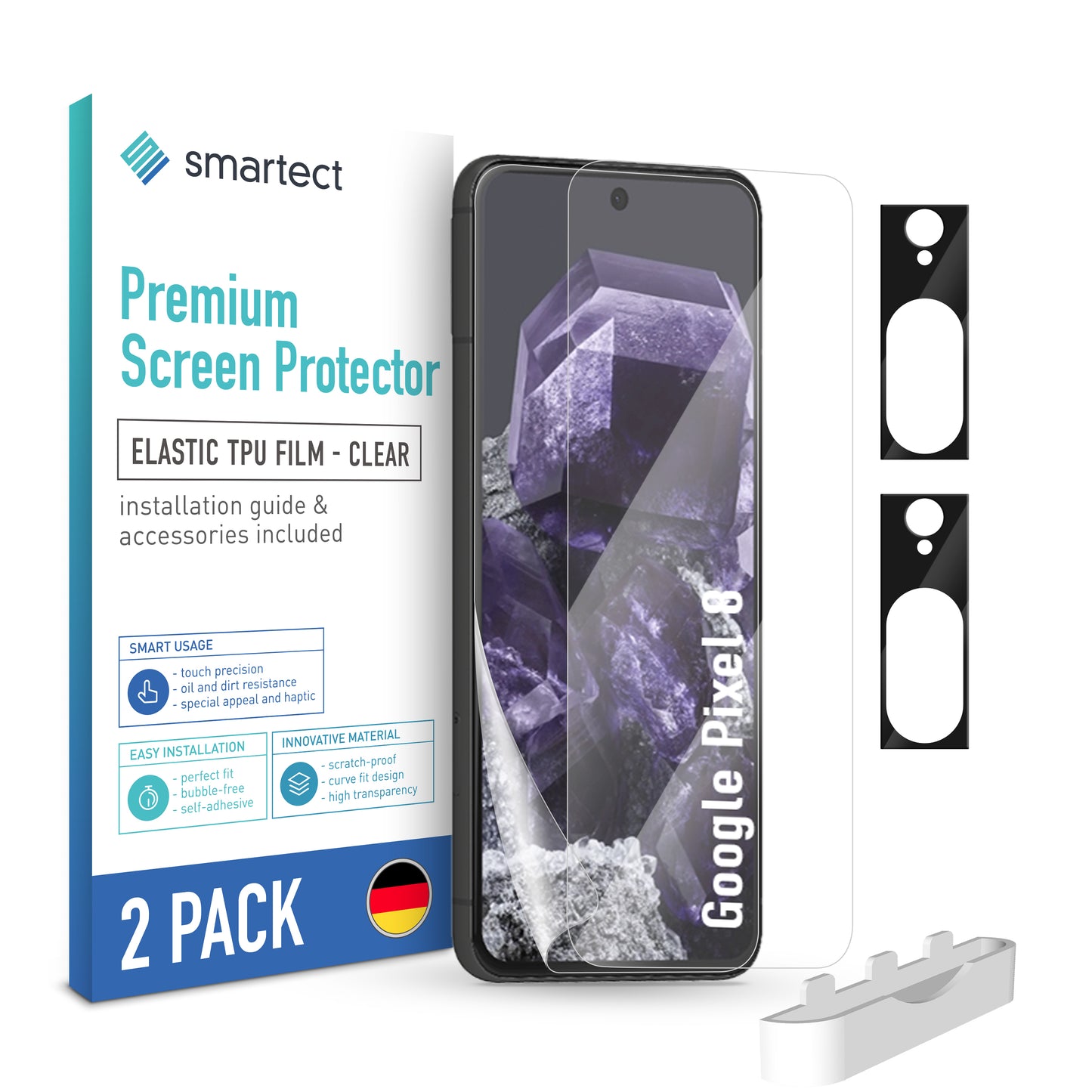 smartect TPU Screen Protector Clear for Google Pixel 8, 2 x Front + 2 x Cam