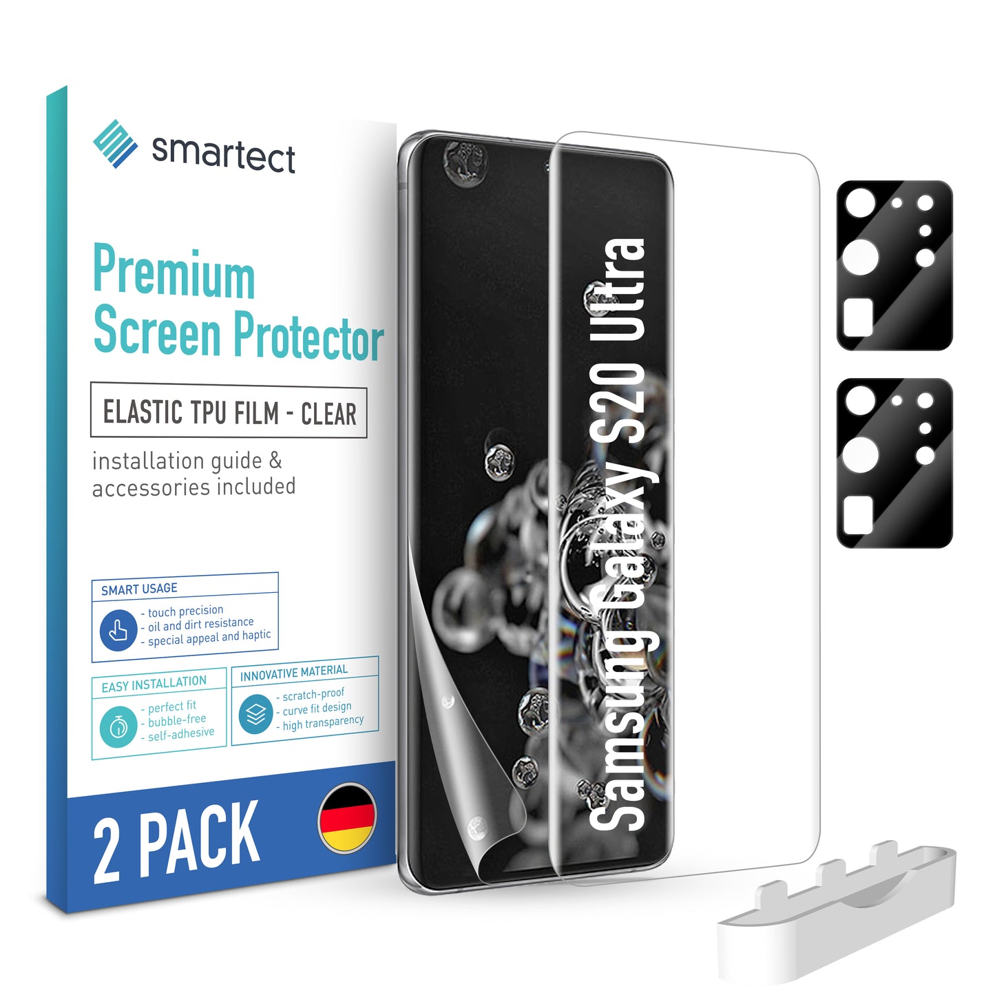 smartect TPU Schutzfolie Klar für Samsung Galaxy S20 Ultra, 2 x Front + 2 x Cam