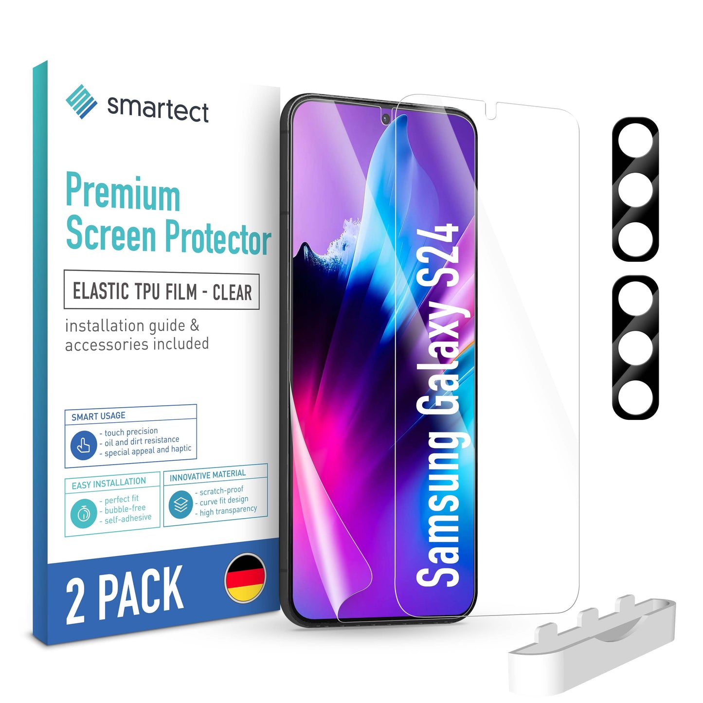 smartect TPU Screen Protector Clear for Samsung Galaxy S24, 2 x Front + 2 x Cam