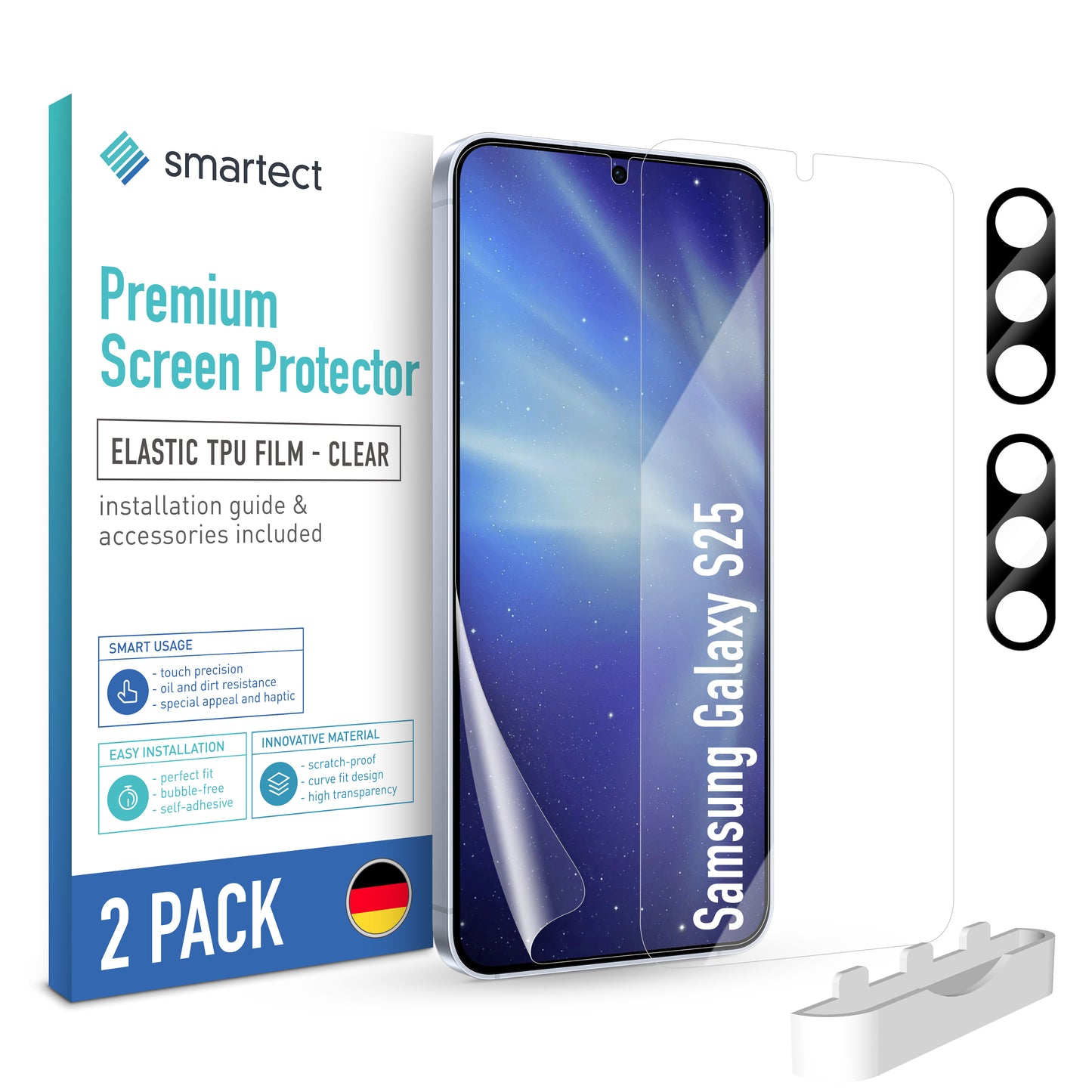 smartect TPU Schutzfolie Klar für Samsung Galaxy S25, 2 x Front + 2 x Cam