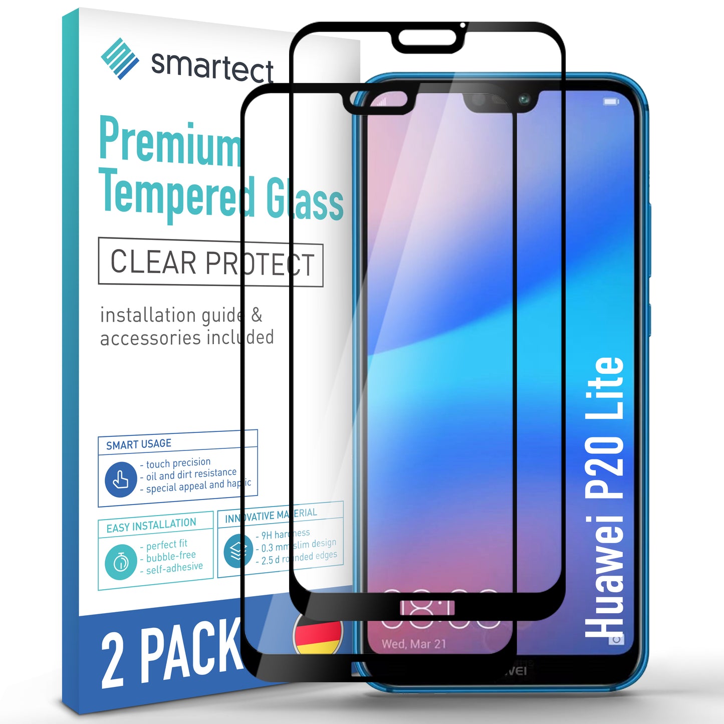 smartect protective glass 3D Full Screen for Huawei P20 Lite, 2 pieces