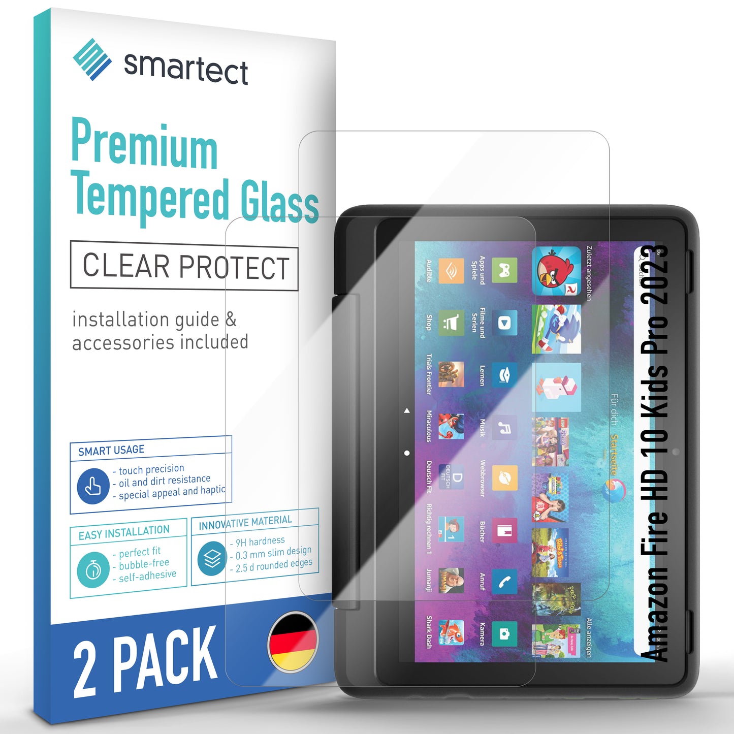 smartect Schutzglas Klar für Amazon Fire HD 10 Kids Pro 2023, 2 Stück