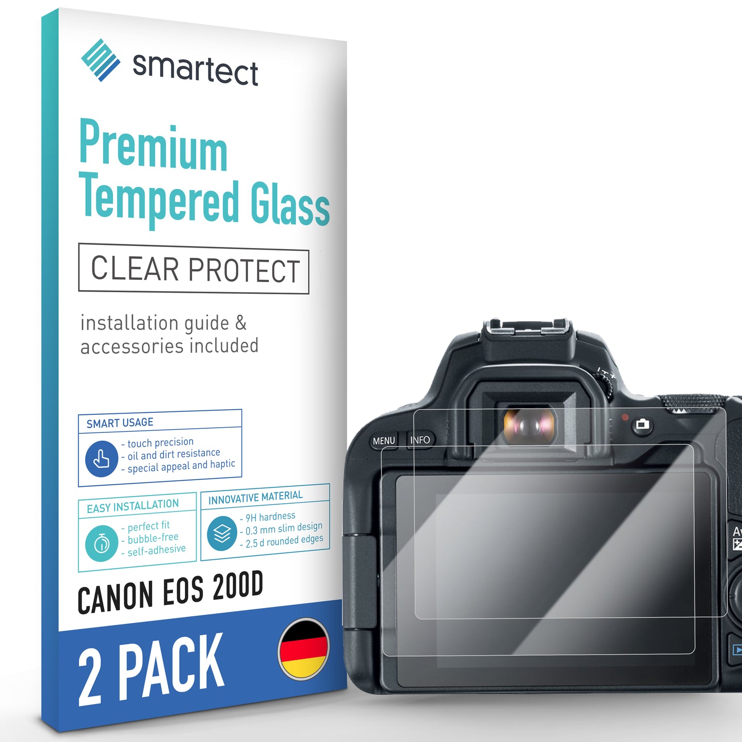 smartect Schutzglas Klar für Canon EOS 200D, 2 Stück