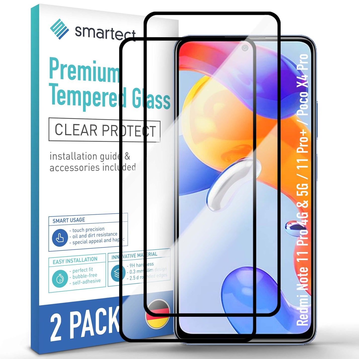 smartect Schutzglas Full Screen für Xiaomi Redmi Note 11 Pro 4G & 5G / 11 Pro+ / Poco X4 Pro, 2 Stück