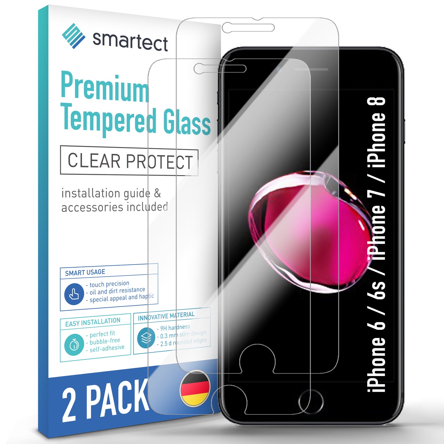 smartect Protective Glass Clear for Apple iPhone 6 / 6s / 7 / 8, 2 pieces