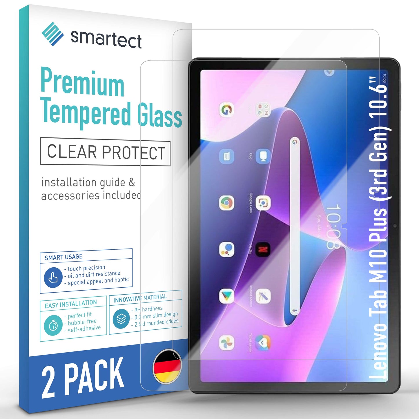 smartect Protective Glass Clear for Lenovo Tab M10 Plus (3rd Gen) 10.6", 2 pieces