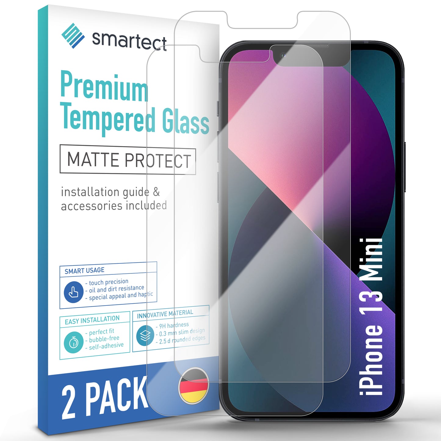 smartect Schutzglas Matt für iPhone 13 mini, 2 Stück
