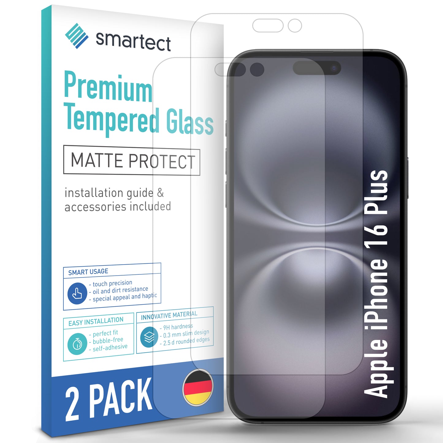 smartect protective glass matt for iPhone 16 Plus, 2 pieces