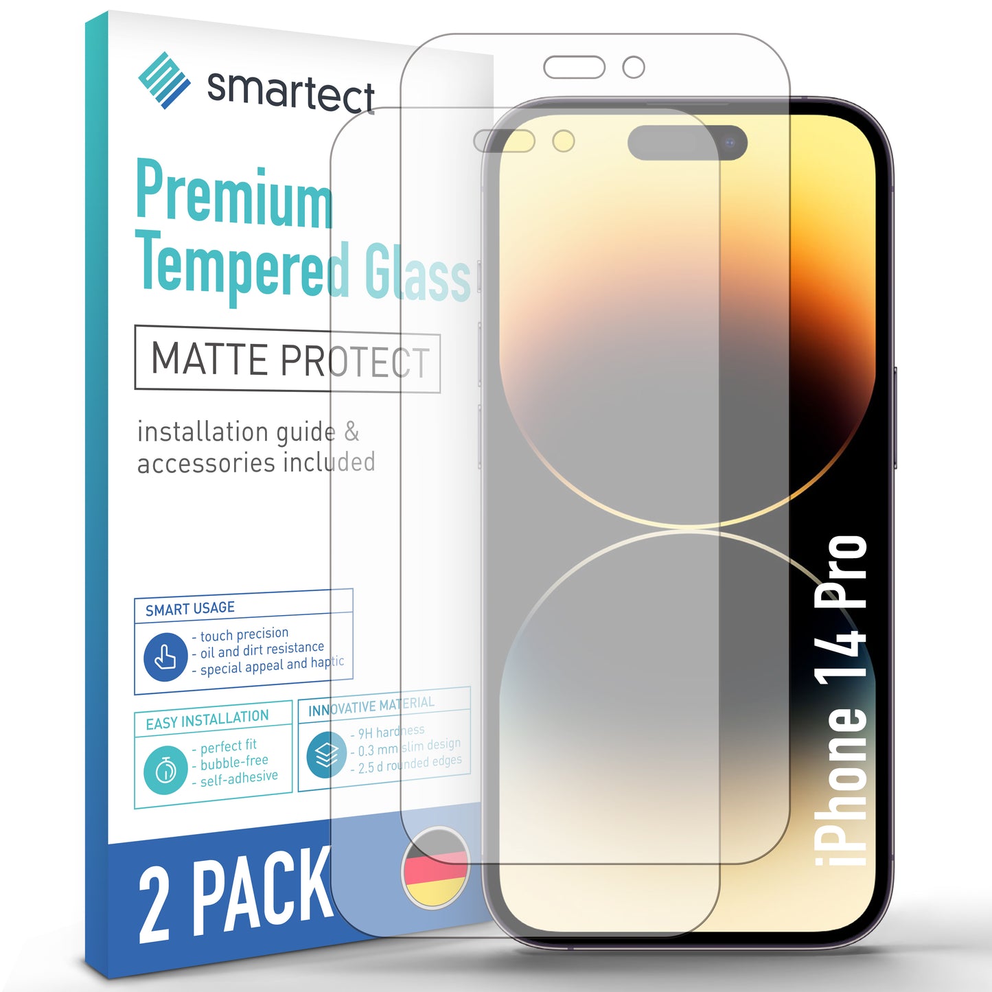 smartect Protective Glass Full Screen Matt for iPhone 14 Pro, 2 Pack
