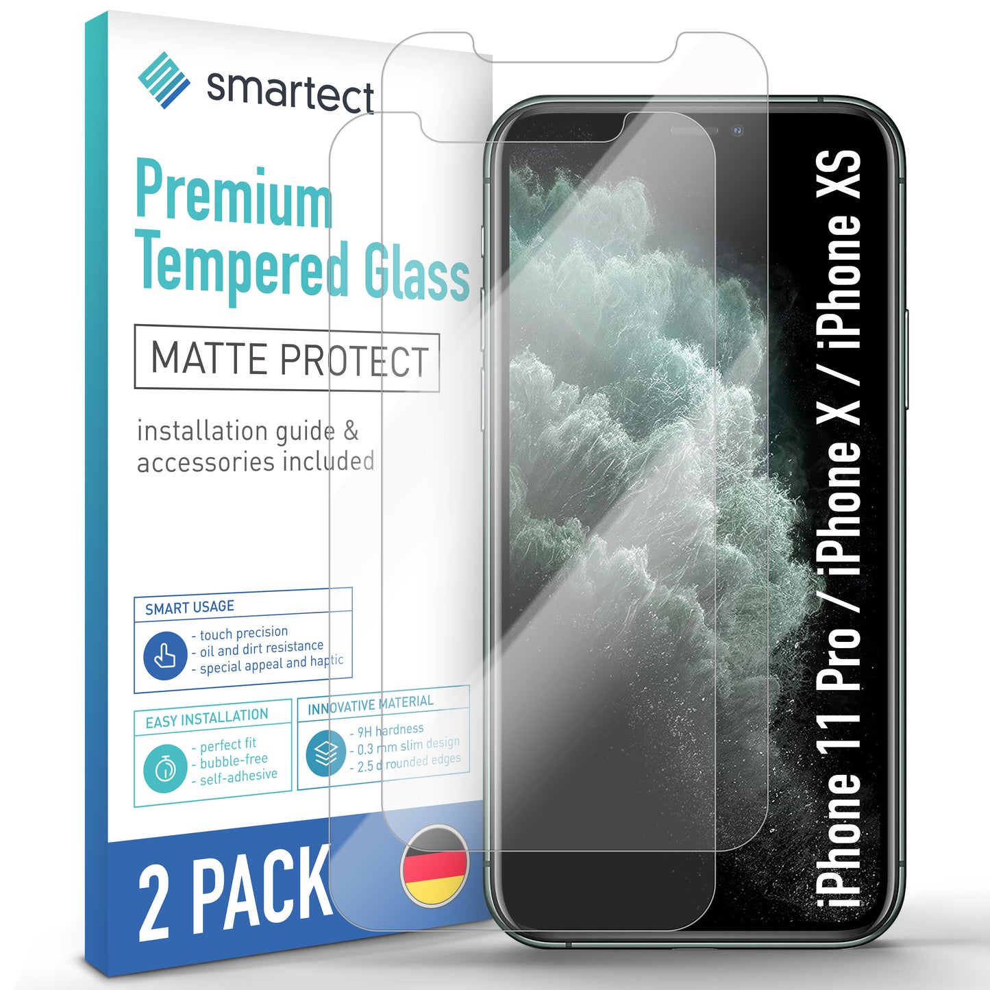 smartect Protective Glass Matt for Apple iPhone XS / X / 11 Pro, 2 pieces