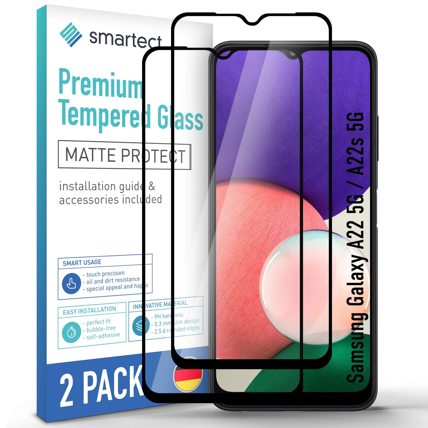 smartect Schutzglas Full Screen Matt für Samsung Galaxy A22 5G / A22s 5G, 2 Stück