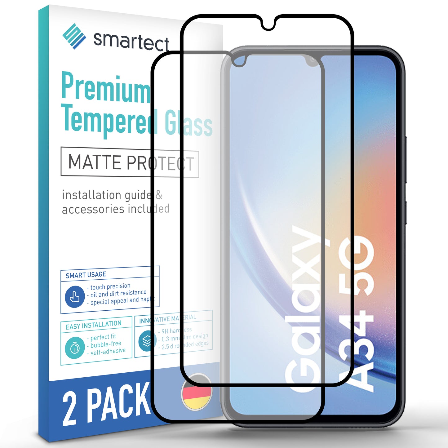 smartect Schutzglas Full Screen Matt für Samsung Galaxy A34 5G, 2 Stück