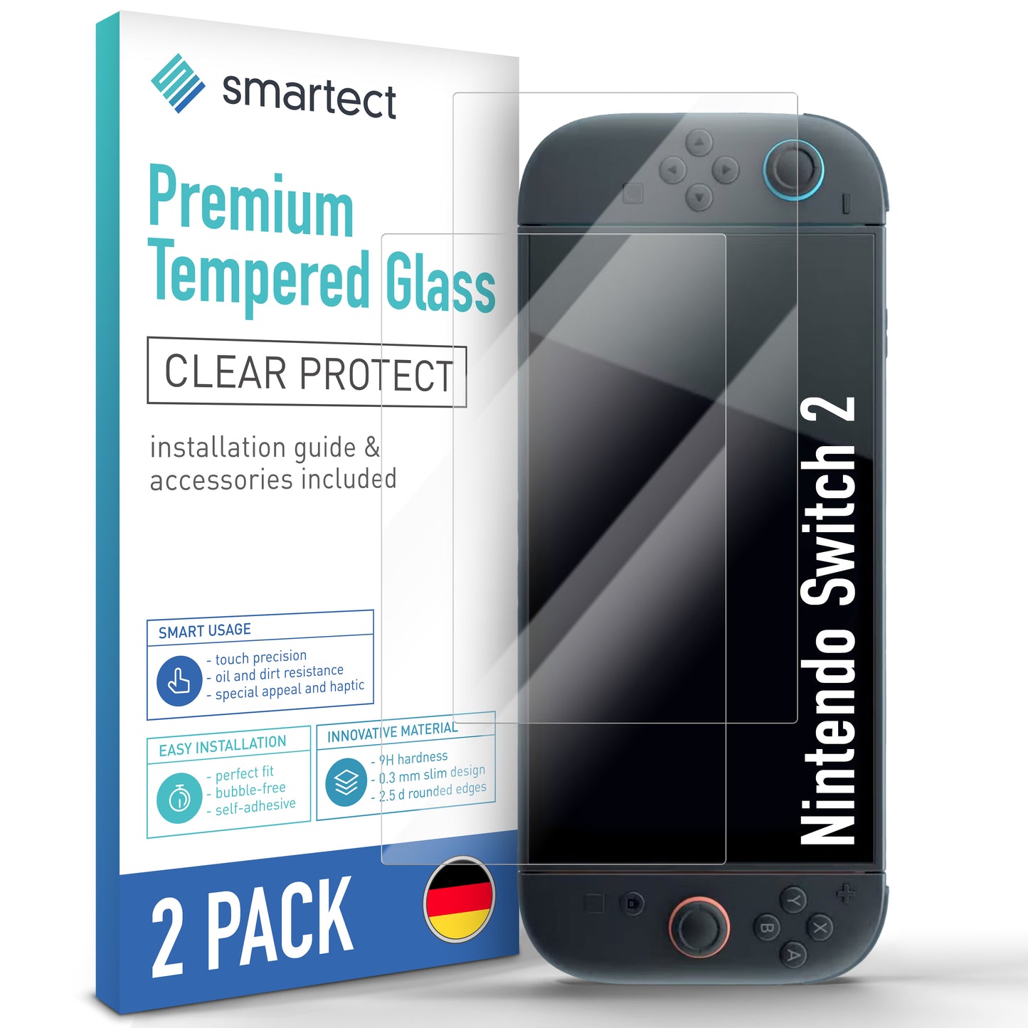 smartect Schutzglas Klar für Nintendo Switch 2, 2 Stück