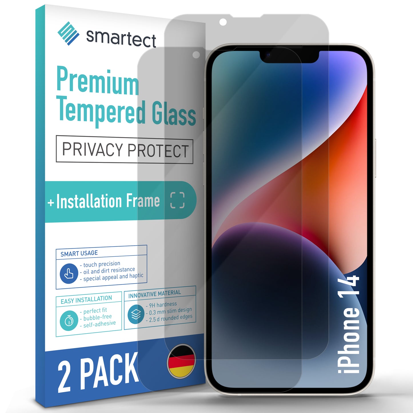 smartect Privacy Screen Protector for iPhone 14, 2 pieces + positioning aid