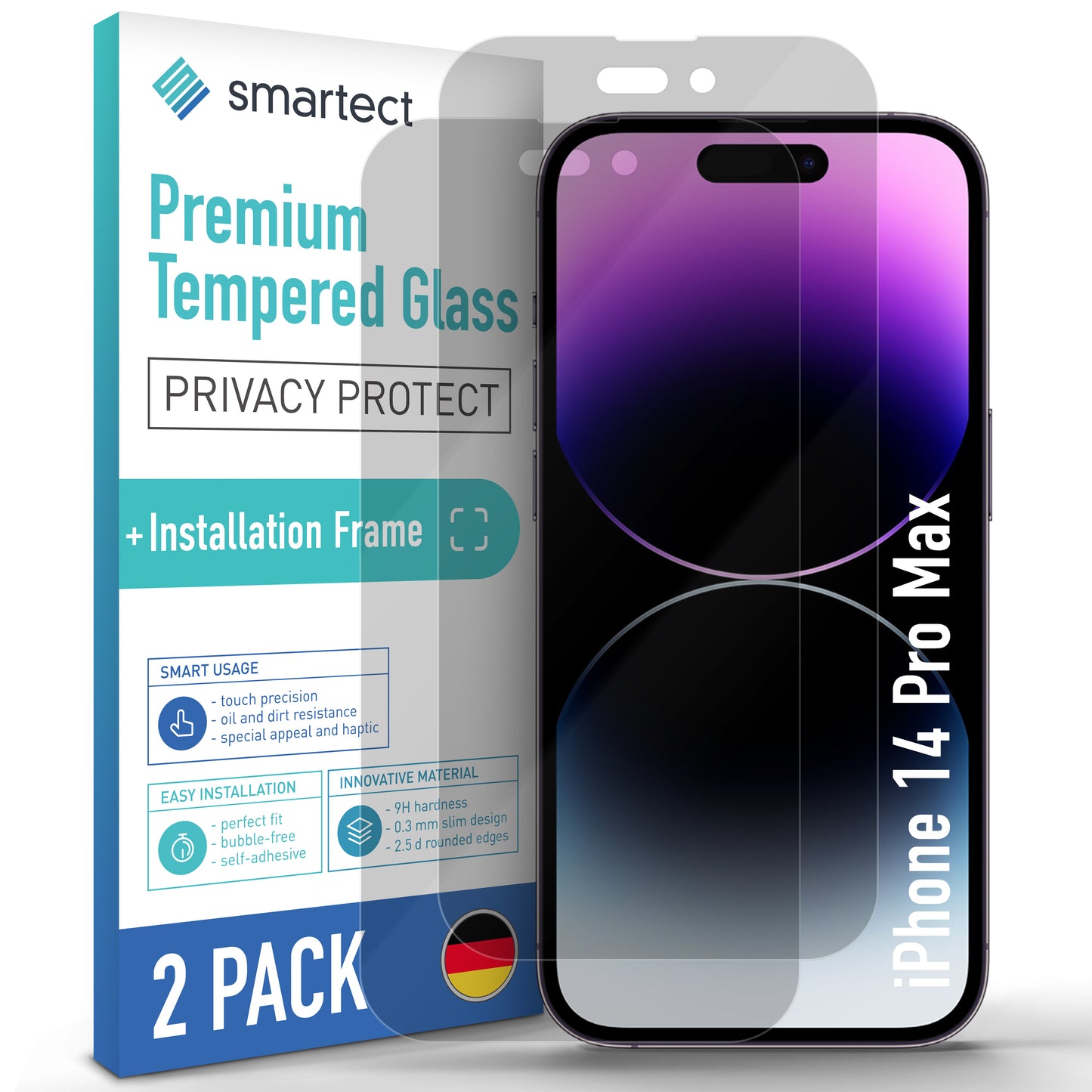 smartect Privacy Screen Protector for iPhone 14 Pro Max, 2 pieces + positioning aid