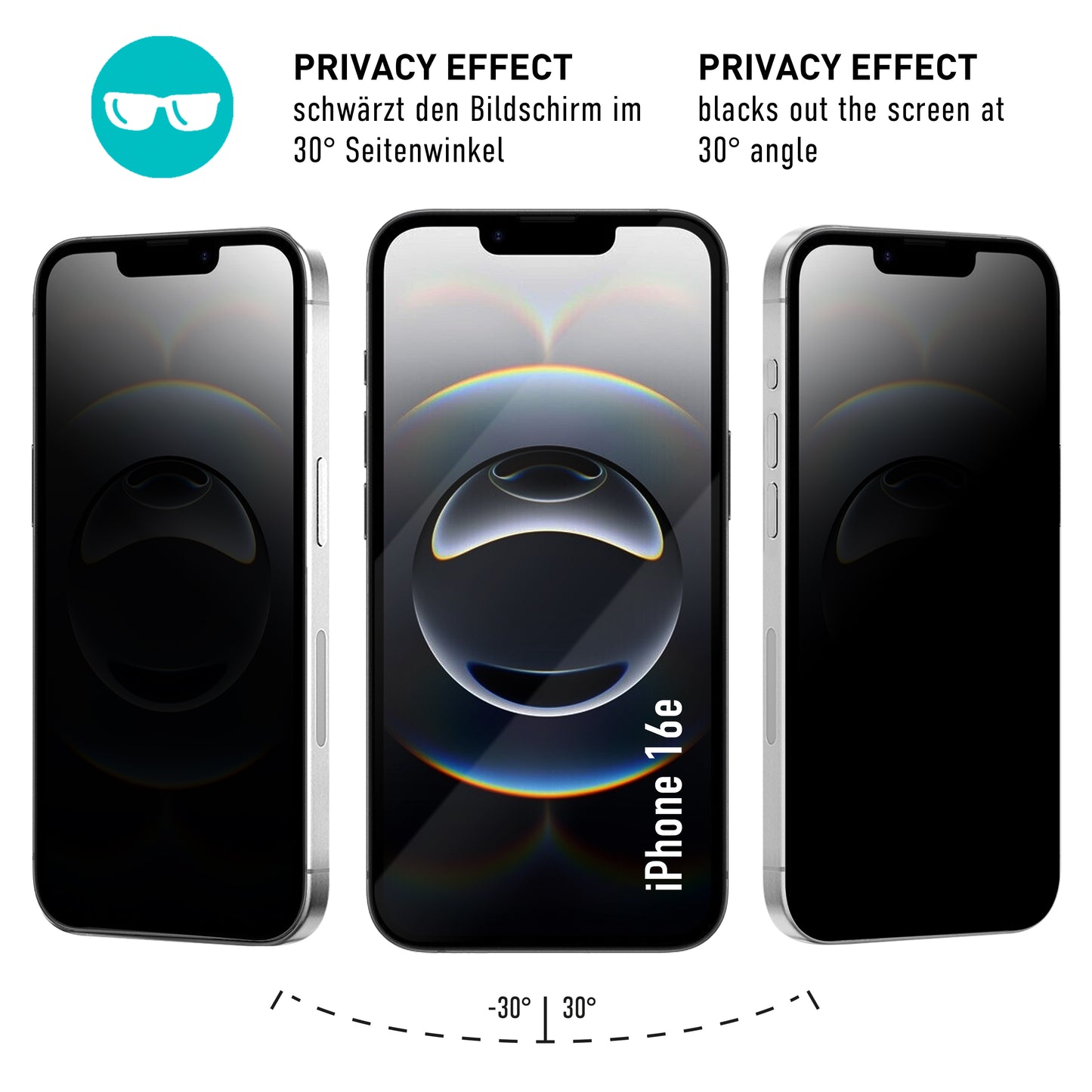 smartect Schutzglas Privacy für iPhone 16e, 2 Stück + Positionierhilfe