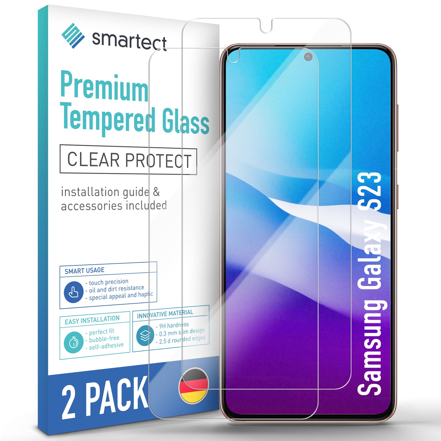 smartect Schutzglas Klar für Samsung Galaxy S23, 2 Stück