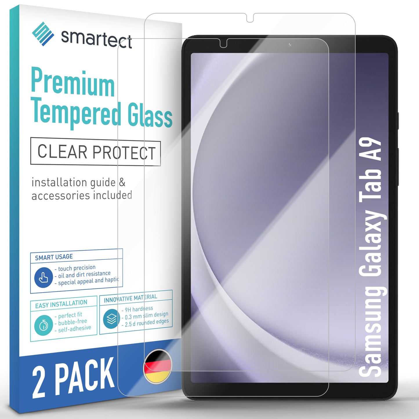 smartect Schutzglas Klar für Samsung Galaxy Tab A9, 2 Stück