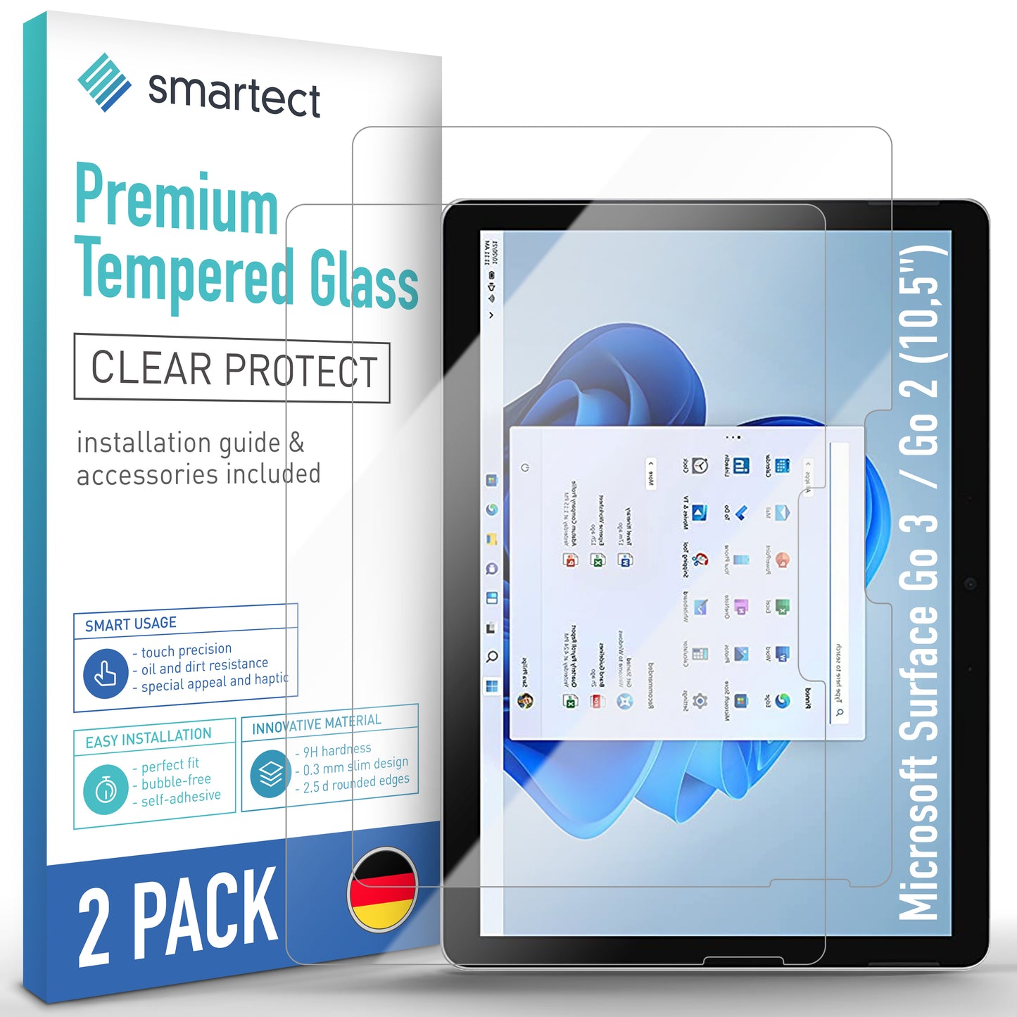 smartect Schutzglas Klar für Microsoft Surface Go 3 / Go 2 (10,5 Zoll), 2 Stück