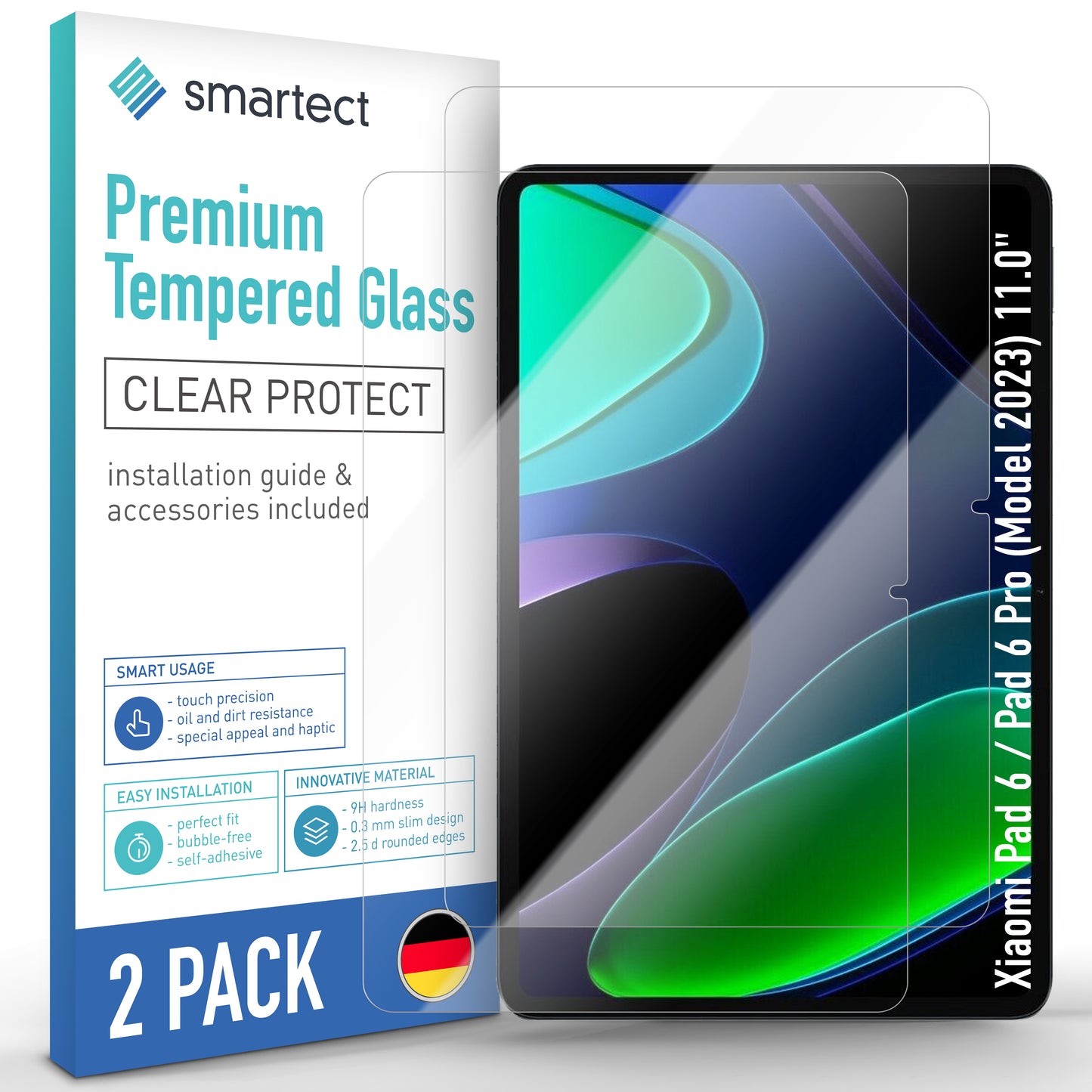 smartect Schutzglas Klar für Xiaomi Pad 6 / Pad 6 Pro (Model 2023) 11.0", 2 Stück