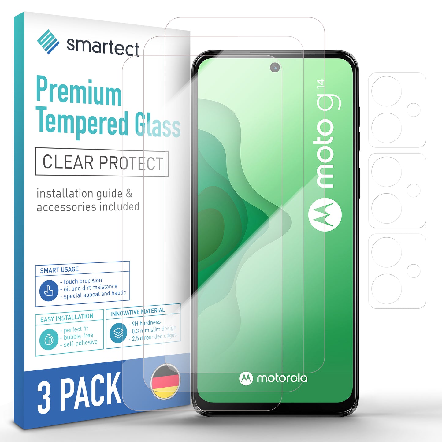 smartect Protective Glass Clear for Motorola Moto G14, 3 x Front + 3 x Cam