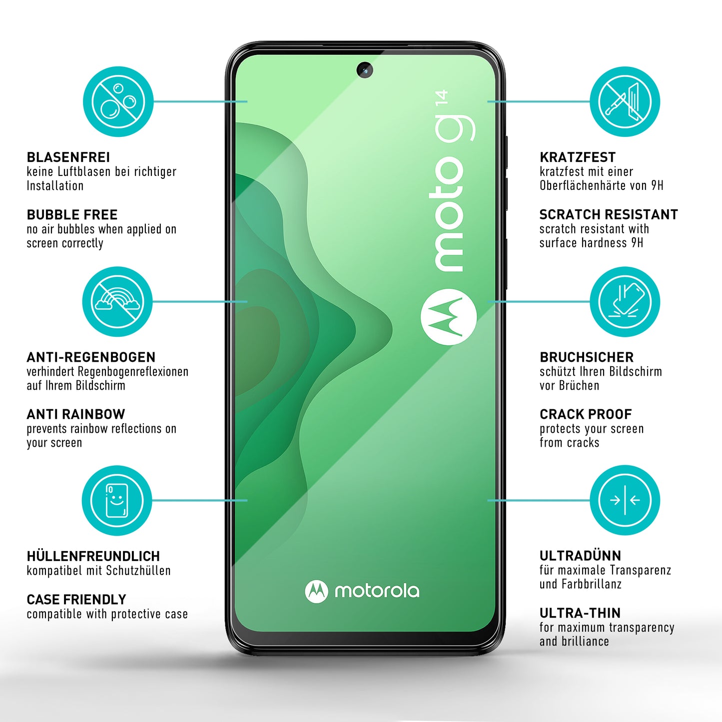 smartect Protective Glass Clear for Motorola Moto G14, 3 x Front + 3 x Cam