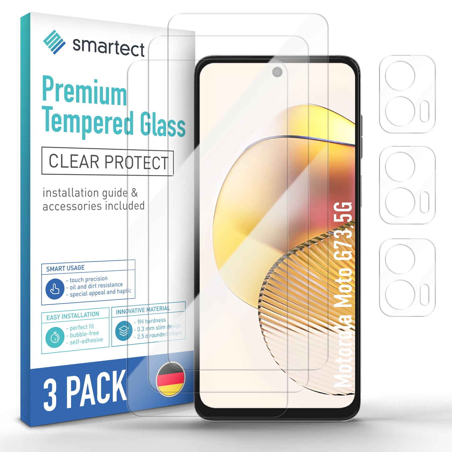 smartect Protective Glass Clear for Motorola Moto G73 5G, 3 x Front + 3 x Cam