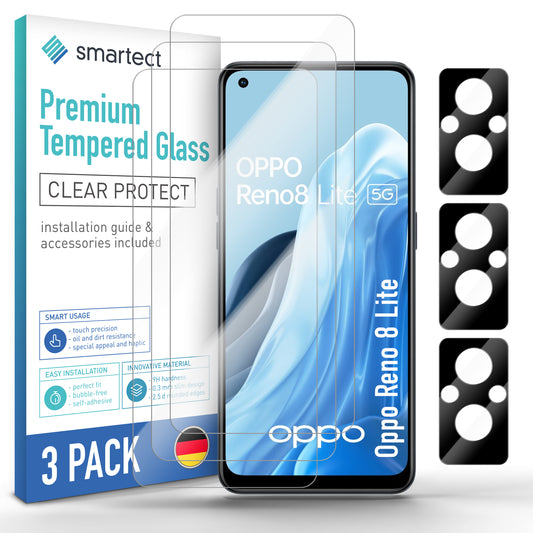 smartect Schutzglas Klar für Oppo Reno 8 Lite, 3 x Front + 3 x Cam