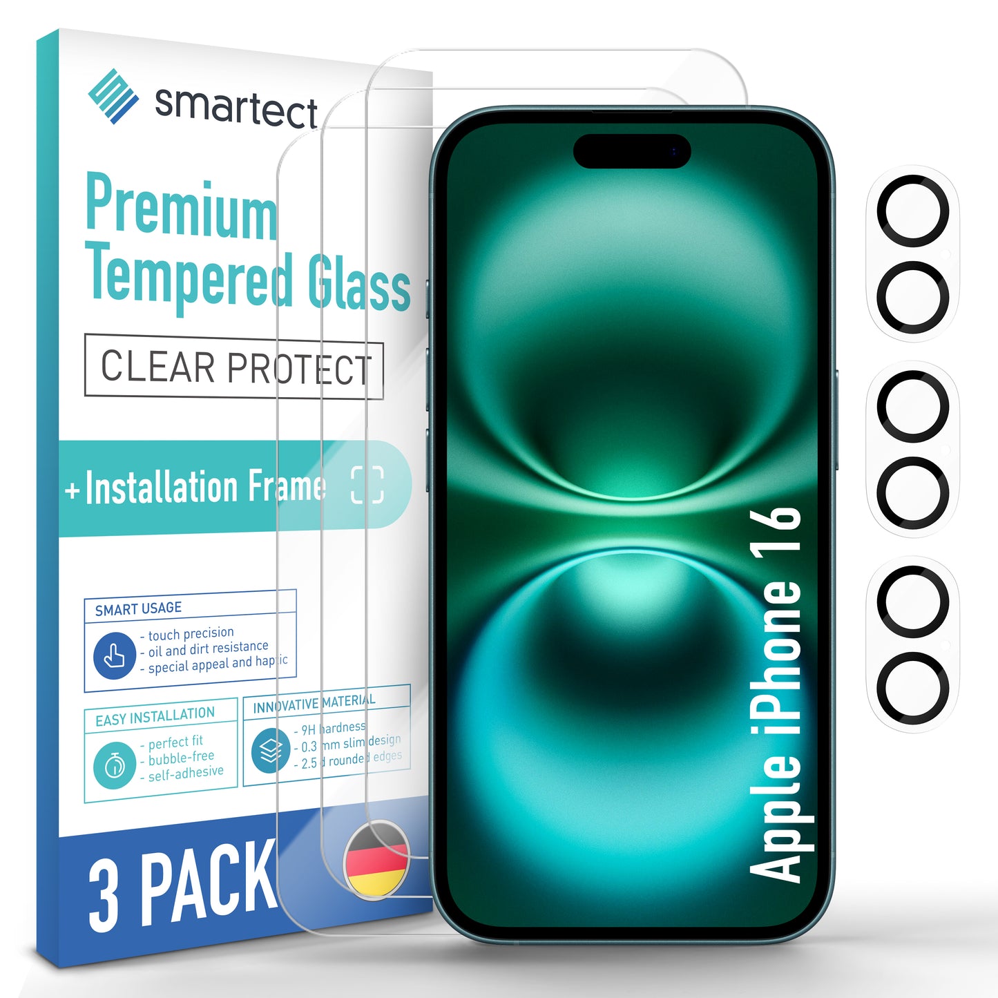 smartect protective glass clear for iPhone 16, 3 x front + 3 x cam + positioning aid
