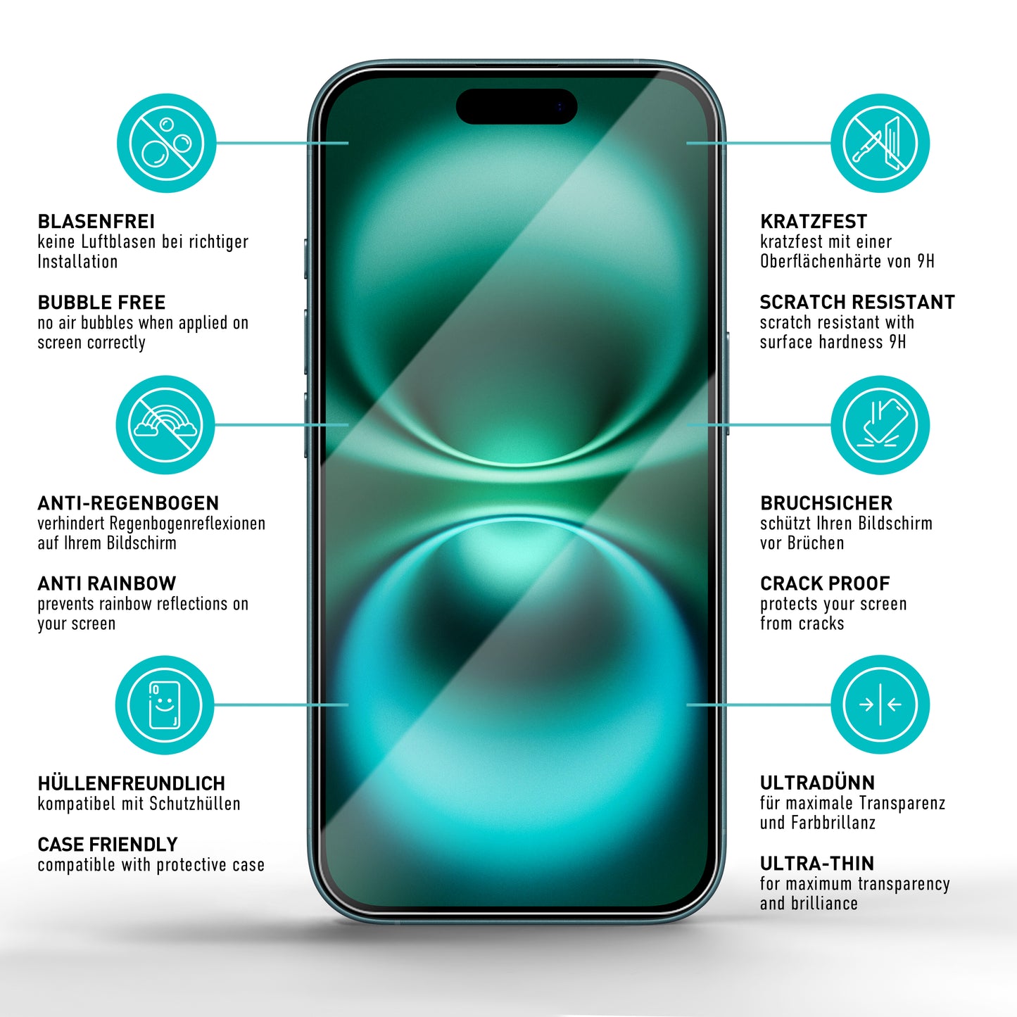 smartect protective glass clear for iPhone 16, 3 x front + 3 x cam + positioning aid
