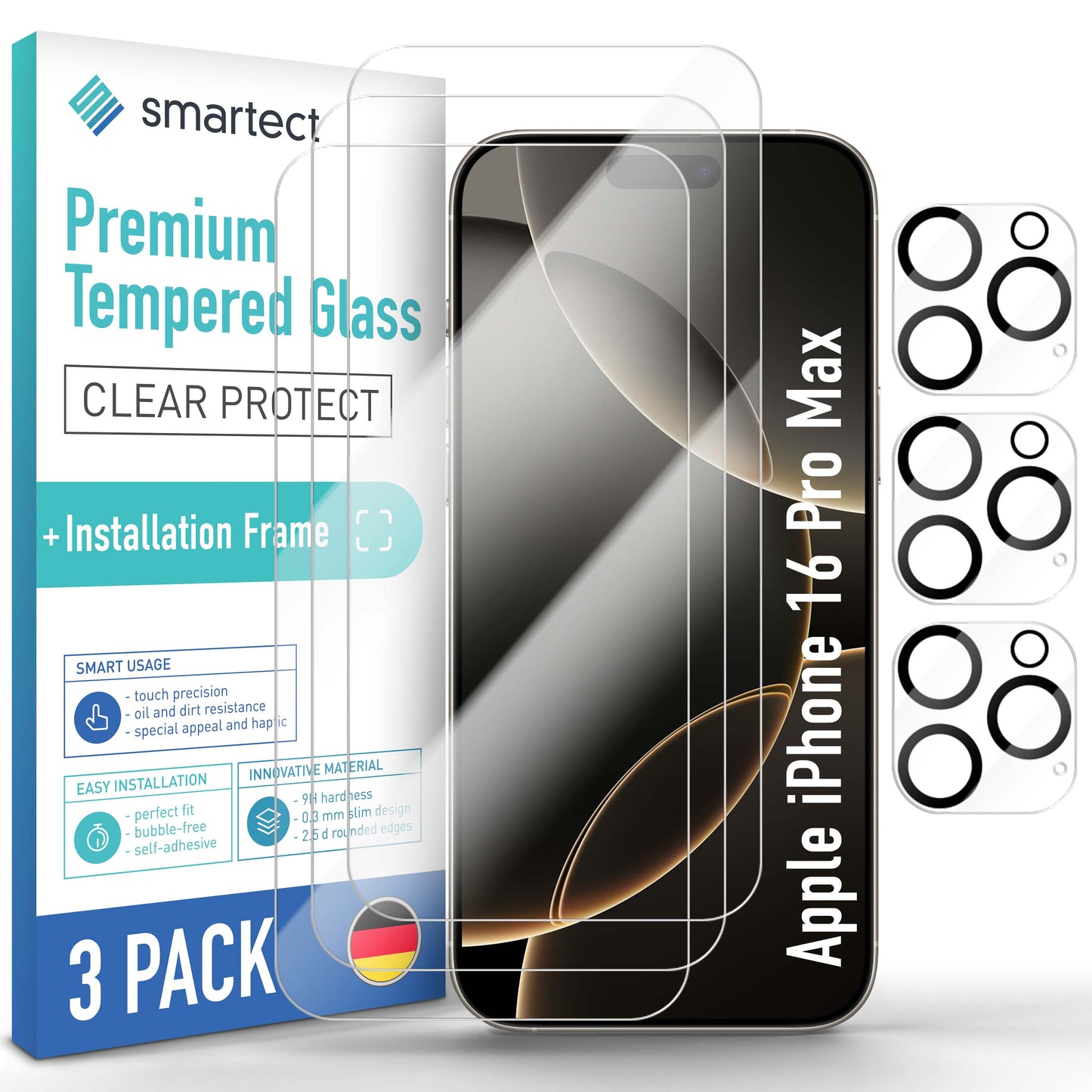 smartect protective glass clear for iPhone 16 Pro Max, 3 x front + 3 x cam + positioning aid