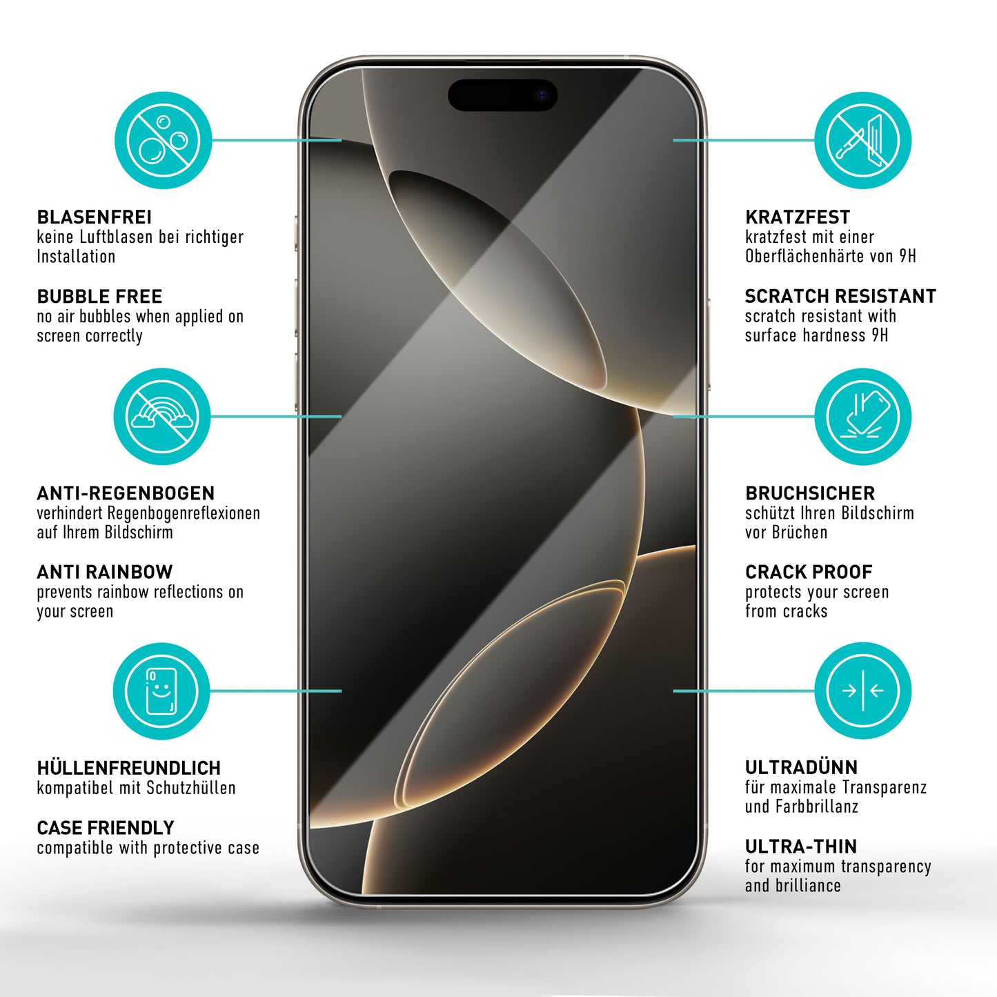 smartect protective glass clear for iPhone 16 Pro Max, 3 x front + 3 x cam + positioning aid