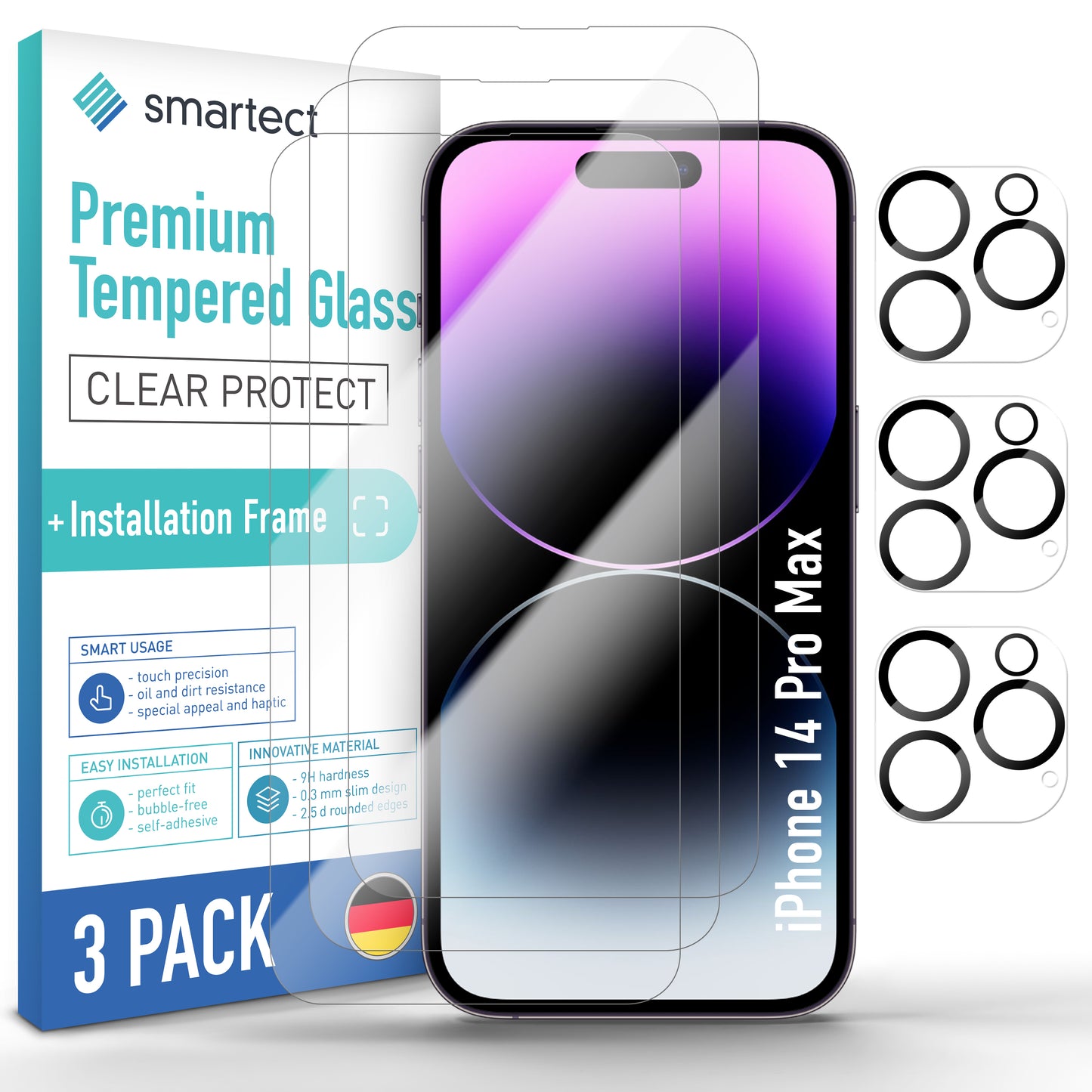 smartect protective glass clear for iPhone 14 Pro Max, 3 x front + 3 x cam + positioning aid