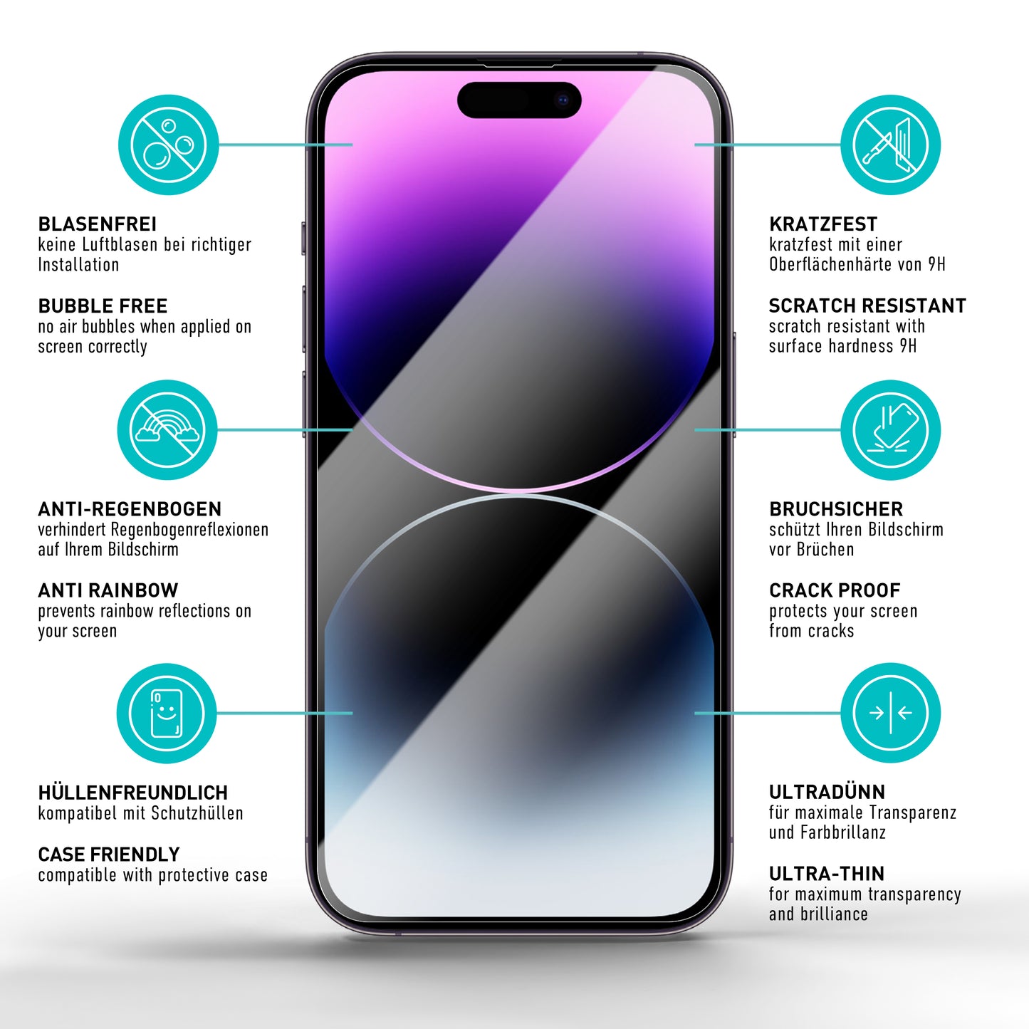 smartect protective glass clear for iPhone 14 Pro Max, 3 x front + 3 x cam + positioning aid