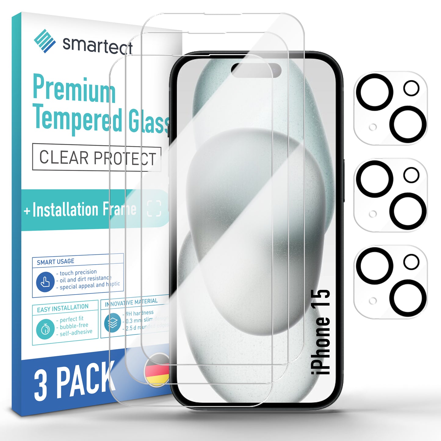 smartect Schutzglas Klar für iPhone 15, 3 x Front + 3 x Cam + Positionierhilfe