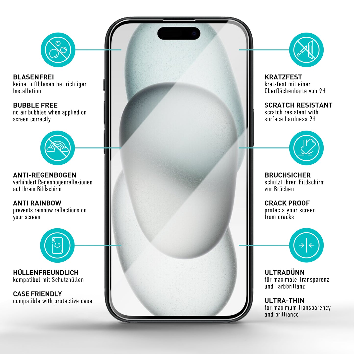 smartect Schutzglas Klar für iPhone 15, 3 x Front + 3 x Cam + Positionierhilfe