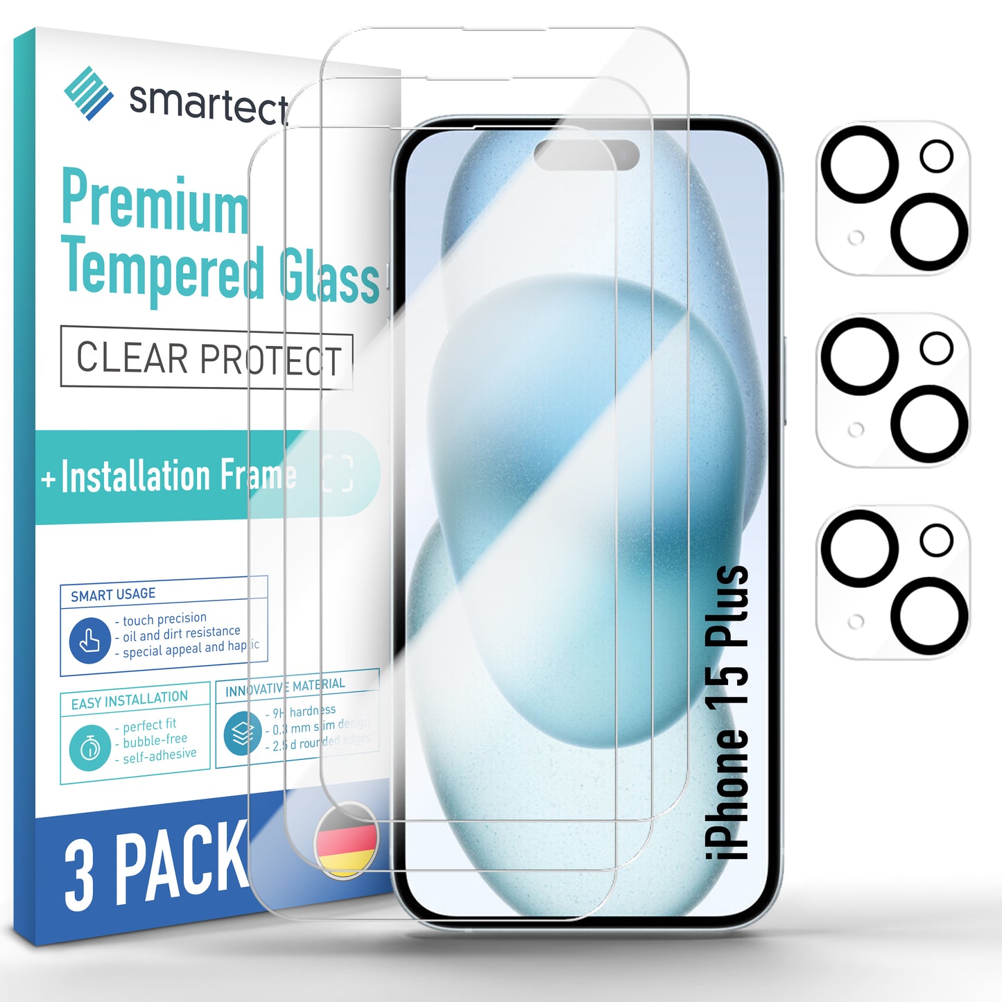 smartect protective glass clear for iPhone 15 Plus, 3 x front + 3 x cam + positioning aid