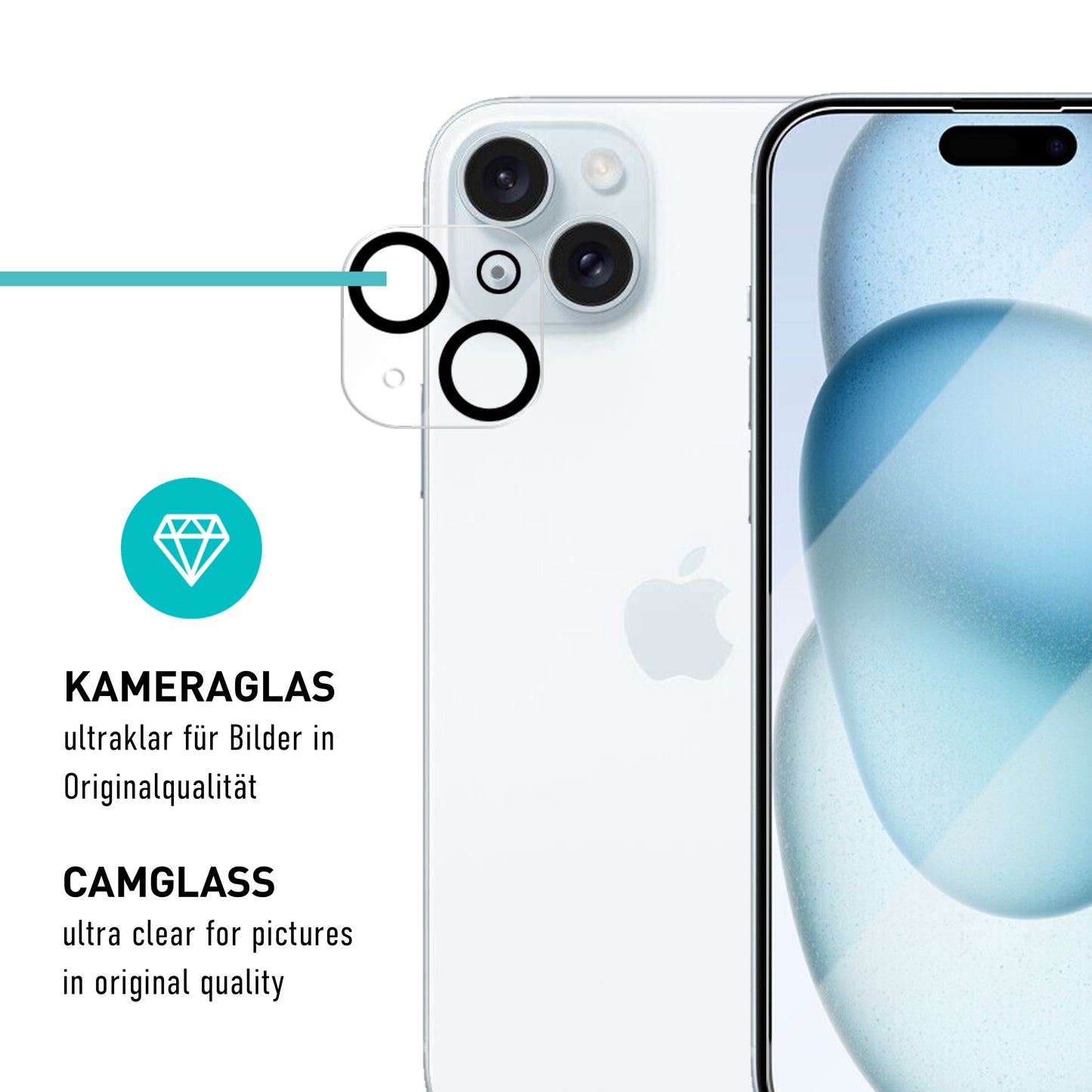 smartect protective glass clear for iPhone 15 Plus, 3 x front + 3 x cam + positioning aid