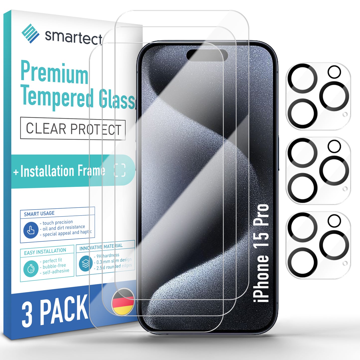 smartect protective glass clear for iPhone 15 Pro, 3 x front + 3 x cam + positioning aid